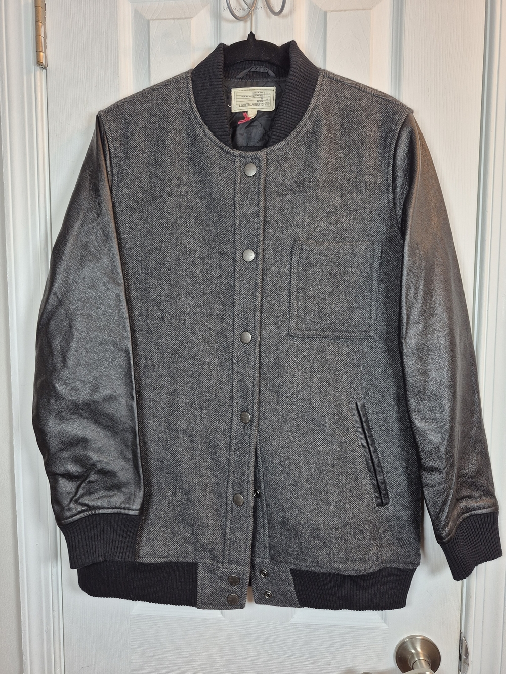 Current/Elliott Grey Herringbone Wool & Leather Sleeve Varsity Bomber Jacket 2 M